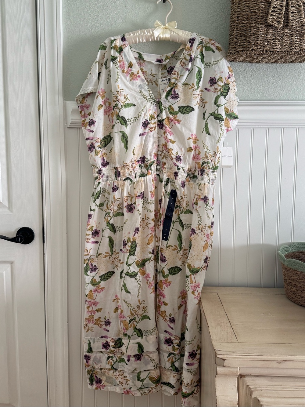 Lucky Brand Cream Floral Midi Dress with Green and Purple Print